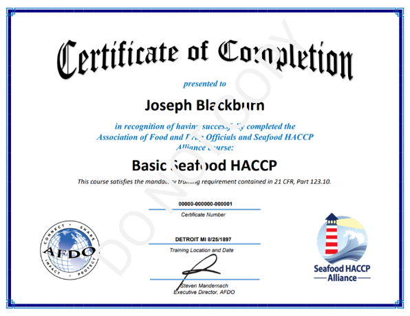 HACCP Course Completion Certificate